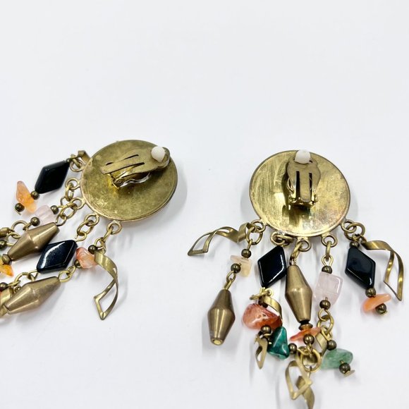 NWOT - BOHO Artisan Natural Stone & Antiqued Gold Tone Dangle Clip-On Earrings - Picture 4 of 7
